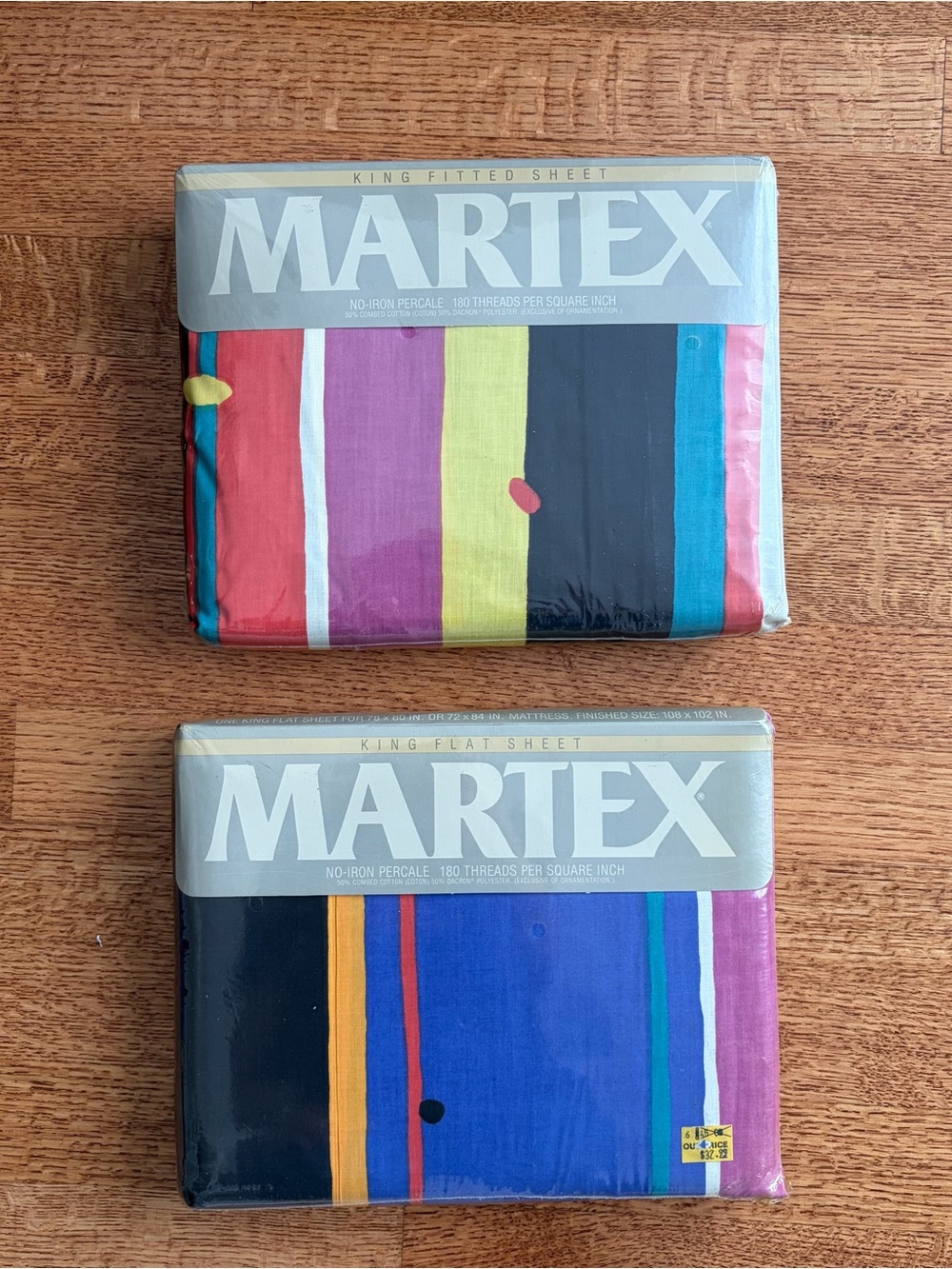 VTG Martex Collier Campbell RAZZMATAZZ King Sheets Flat Fitted Stripes NOS 1980s